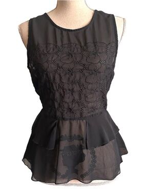 Fun & Flirt Black Sleeveless Sheer Peplum Top with Floral Detail